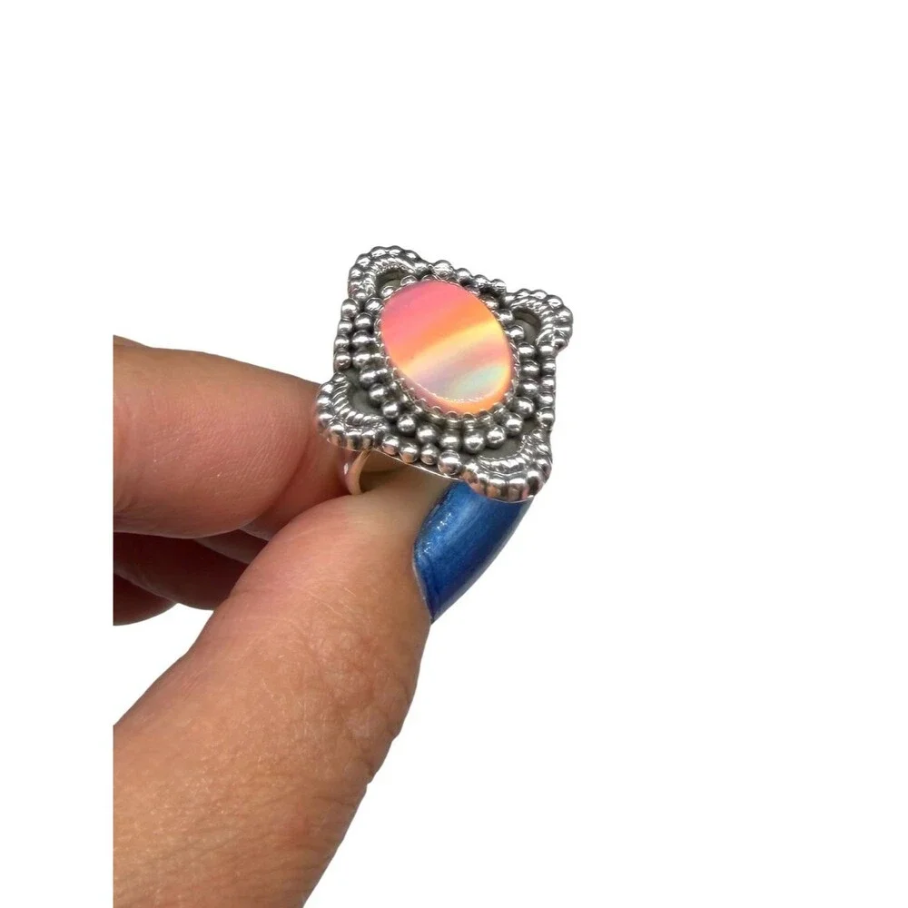 Aurora Fire Opal Ring Size 7 Solid 925 Sterling Silver Pink Aura Stone